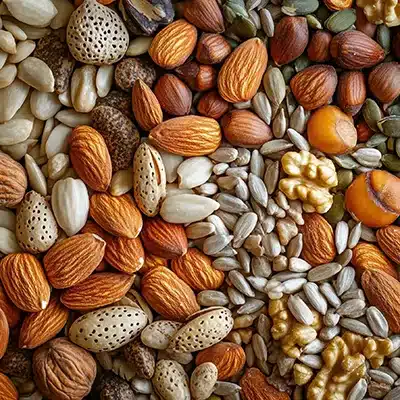 Dettaglio di mandorle, noci e nocciole