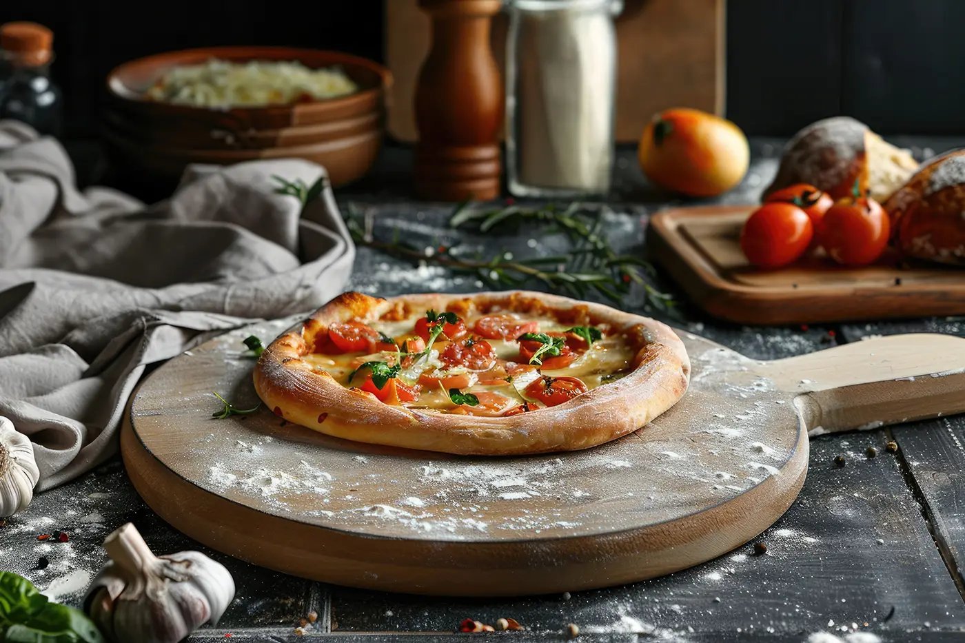 Pizza sul tagliere di legno in pizzeria a Bologna Pizza sul tagliere di legno in pizzeria a Bologna